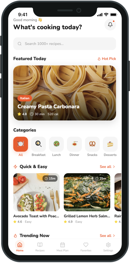 Garfo meal planner iPhone dashboard mockup